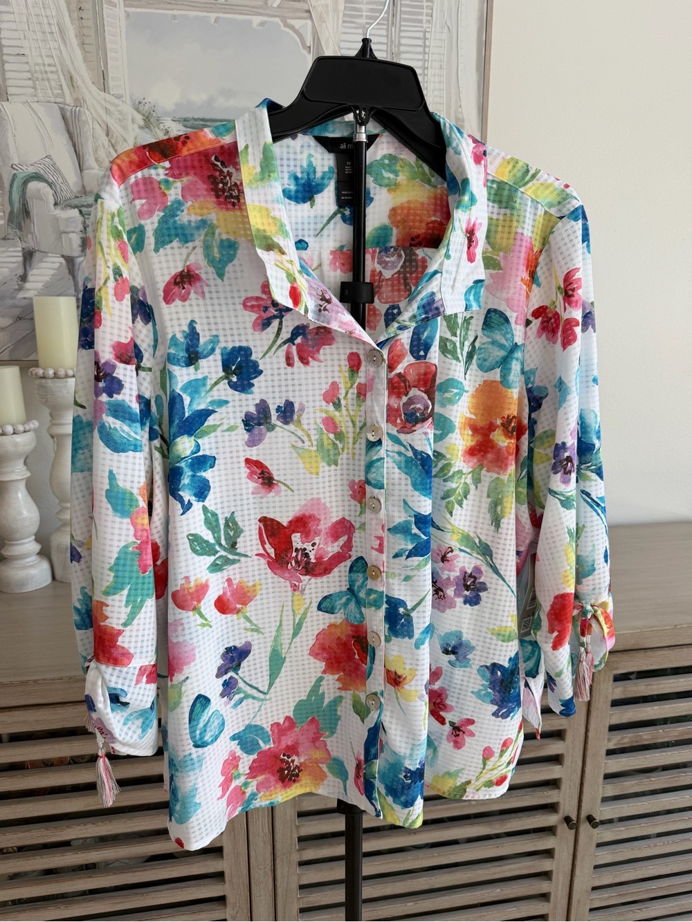 Ali Miles Plus Size Floral Wire Collar 3/4 Cinch Button Tunic